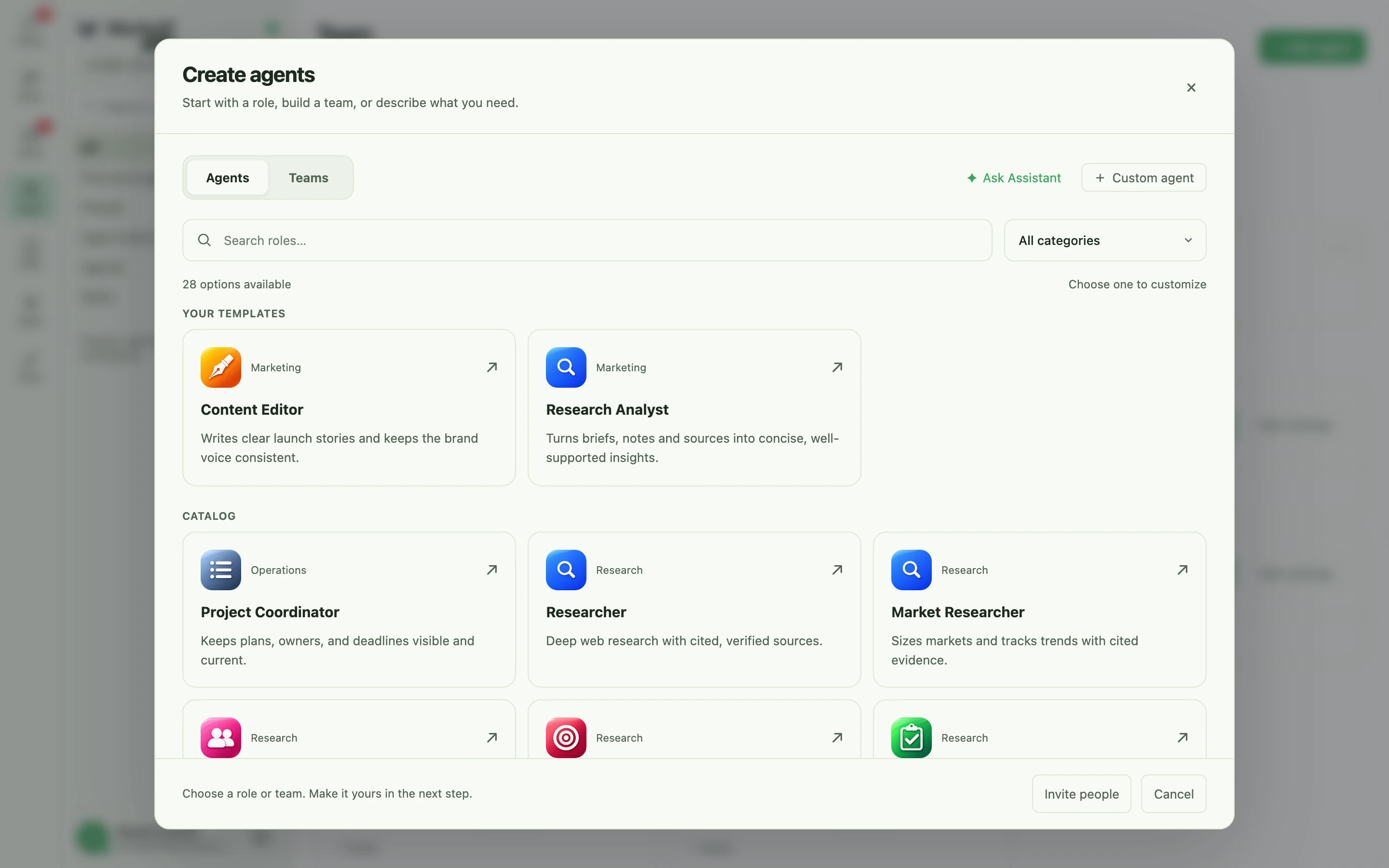 Create agents - ready roles with pre-wired outcomes