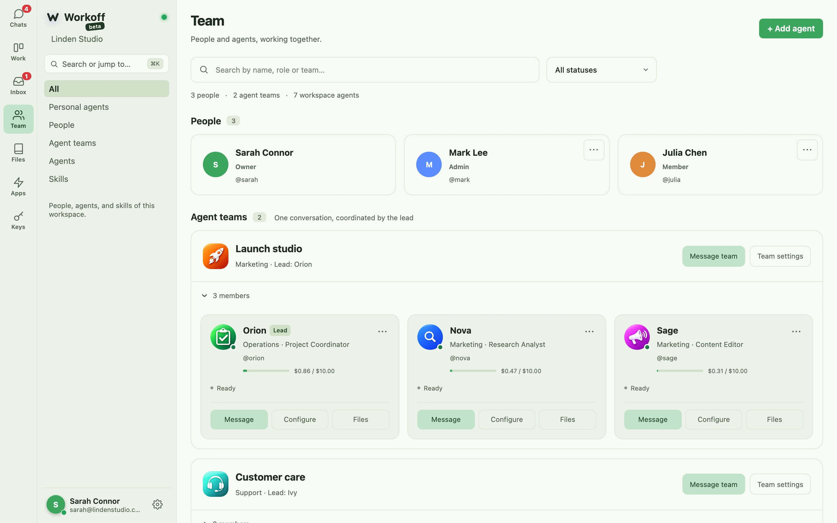 An agent on the Team page - role, handle, presence and budget